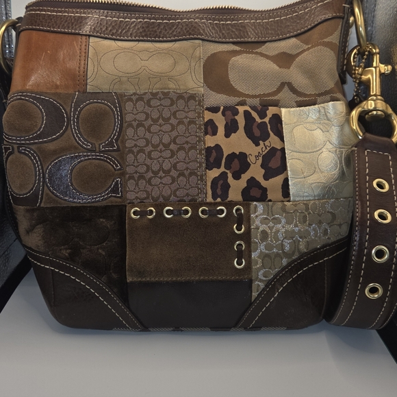 VTG COACH Patchwork Top Zipper Crossbody Tote Shoulder Bag Brown Lining - Picture 9 of 10